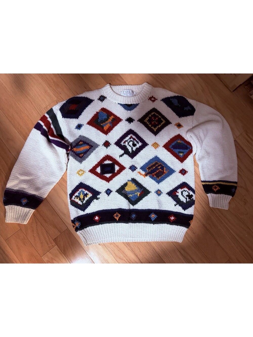 Vintage POLO Wool Blend Sweater Mens L Equestrian Geometric Intarsia Ivory